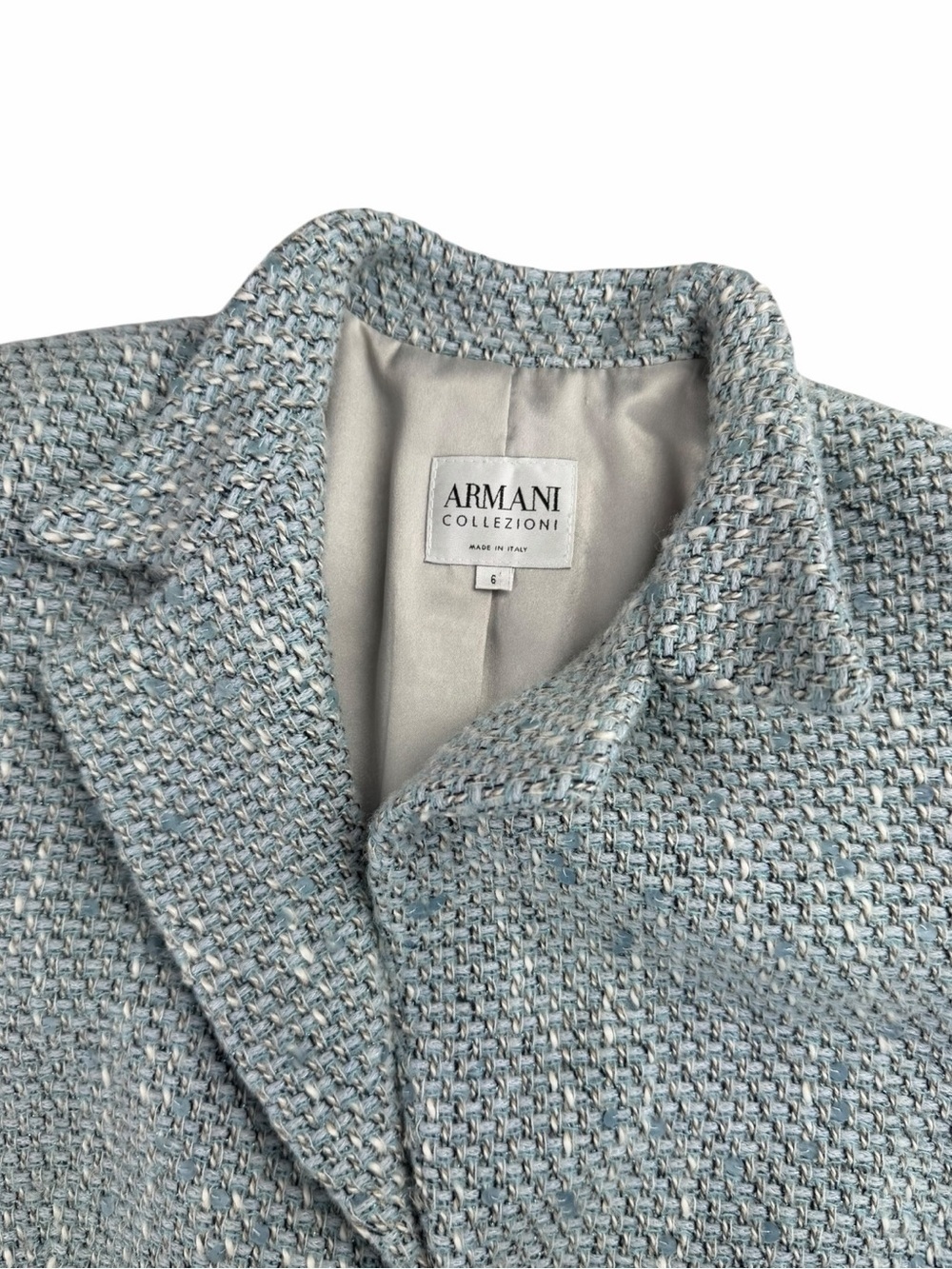 Vintage Armani Collezioni Women’s Tweed Sequin Baby Blue Wool Blazer/Jacket 6 - Picture 2 of 10